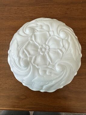 White Floral Embossed Decorative Bowl.  Heavy Milk Glass floral footed bowl.